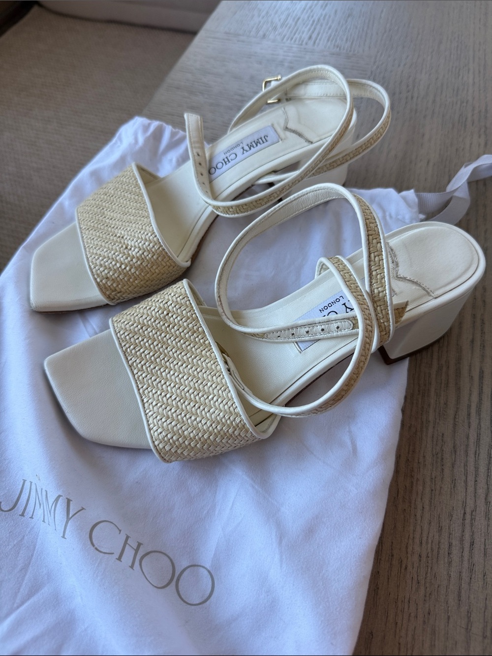 Jimmy Choo Cream and Natural Woven Block Heel Sandals